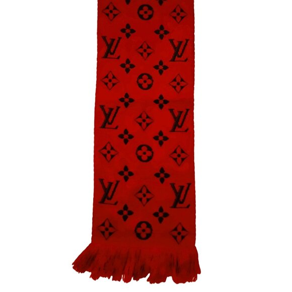 LOUIS VUITTON LV Classic Luxury Vintage Red Black Wool & Silk Monogram Scarf - Picture 4 of 15